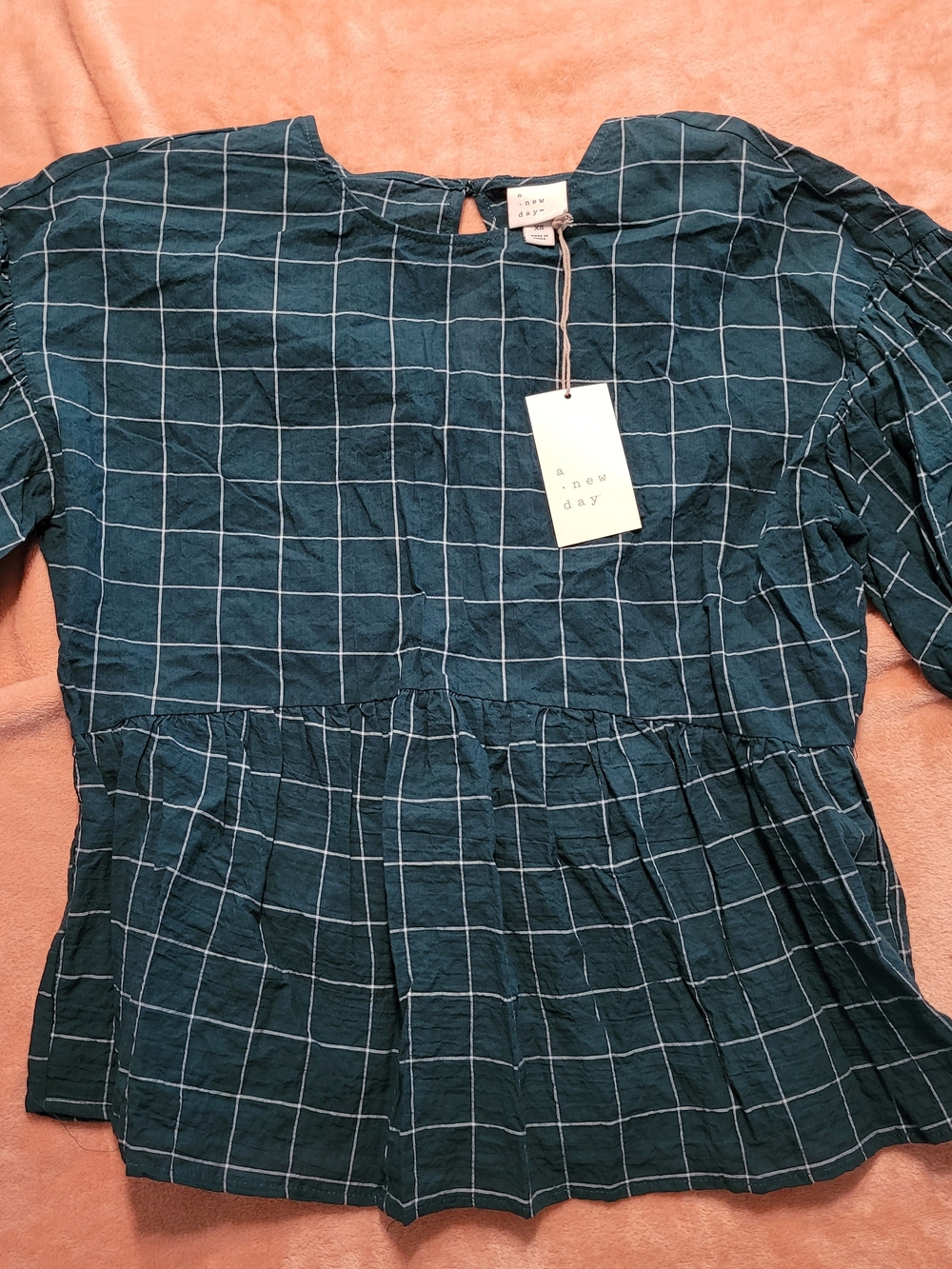 a new day Womens Teal Grid Peplum Top
